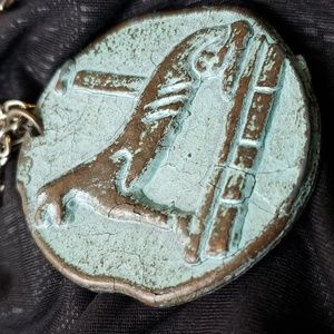 Greek double sided medal/pendant on chain Eros riding Dolphins/Marble Lion